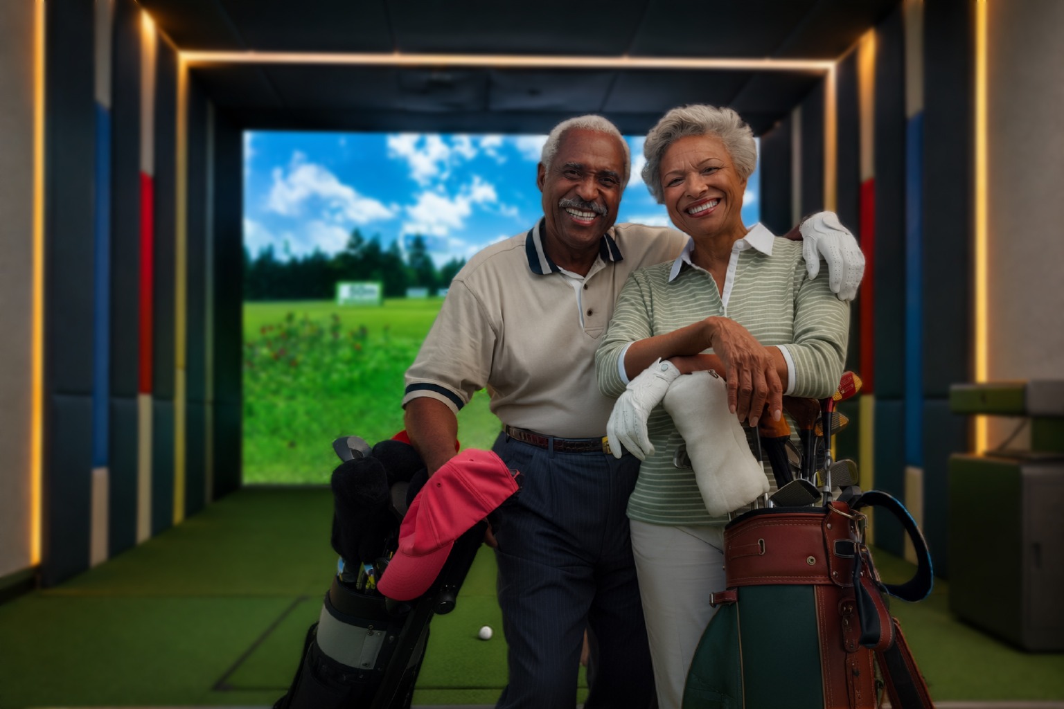 A smiling older couple poses together with golf clubs in a cozy indoor golf facility, showcasing their shared passion for the sport.