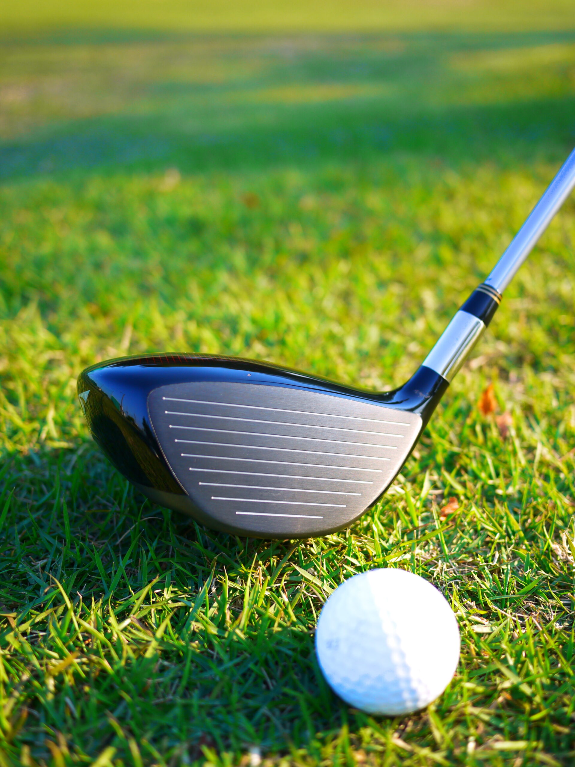 Close-up of a golf club driver poised next to a white golf ball on well-manicured grass, showcasing the club's grooves for an upcoming shot.